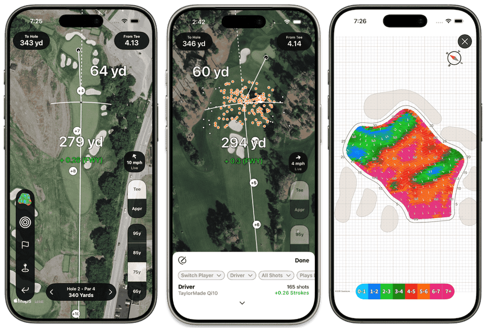 Shot Pattern golf GPS app on three iPhones showing live strokes gained with yardage, driver shot dispersion with 165 shots plotted, and a green contour map with slope and elevation data.