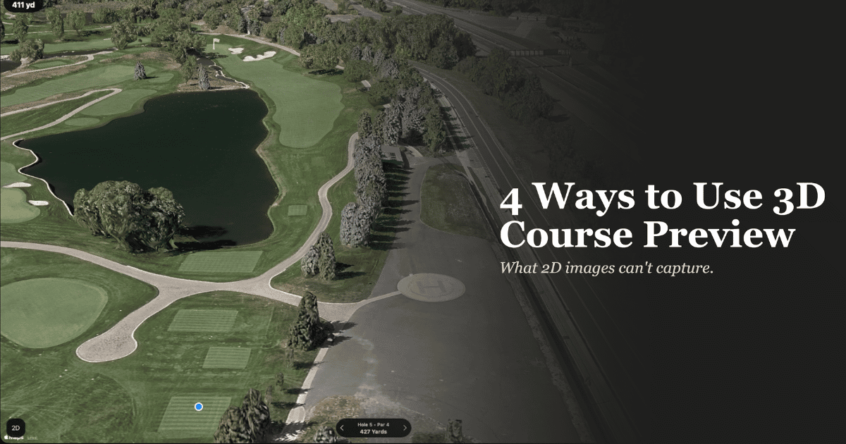 3D course preview of a par 4 hole with water hazard in the Shot Pattern golf GPS app
