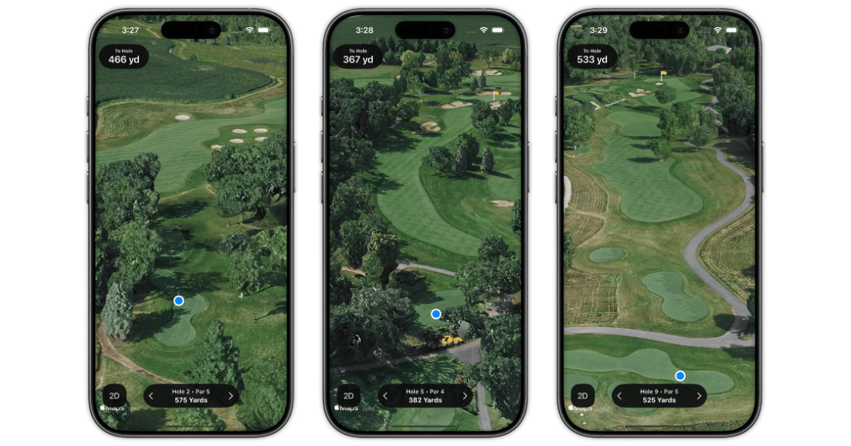 Three iPhone screens showing 3D course preview for a par 5, par 4, and par 5 hole with dogleg fairways in the Shot Pattern golf GPS app
