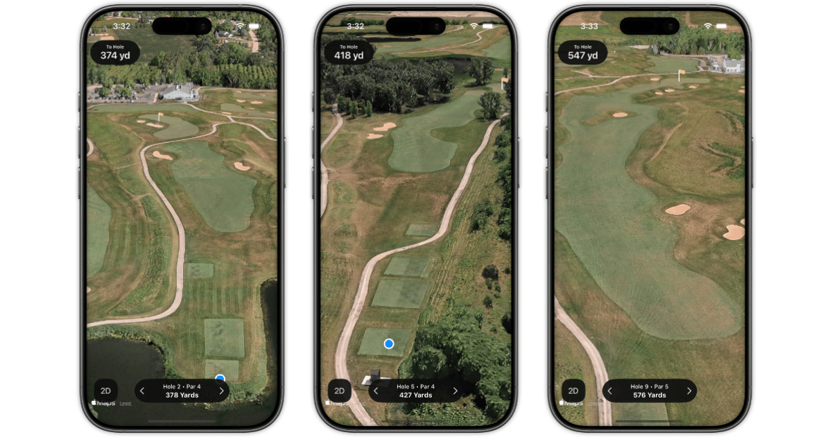 Three iPhone screens showing 3D course preview for a par 4, par 4, and par 5 hole  with textured grass in the Shot Pattern golf GPS app