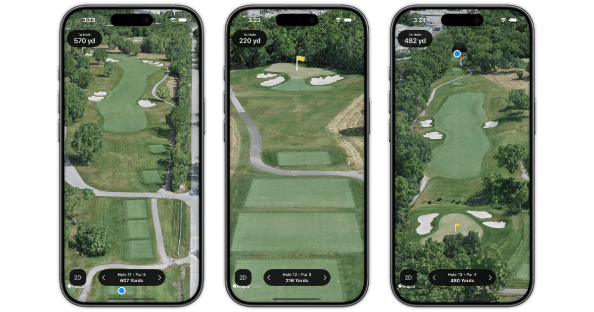 Three iPhone screens showing 3D course preview for a par 5, par 3, and par 4 hole with greenside bunkers in the Shot Pattern golf GPS app