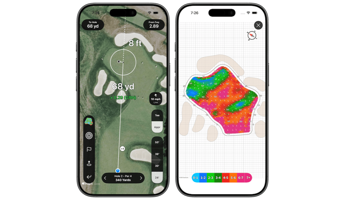 Shot Pattern app showing approach shot dispersion circle covering most of a putting green alongside a StrackaLine green map with slope contours