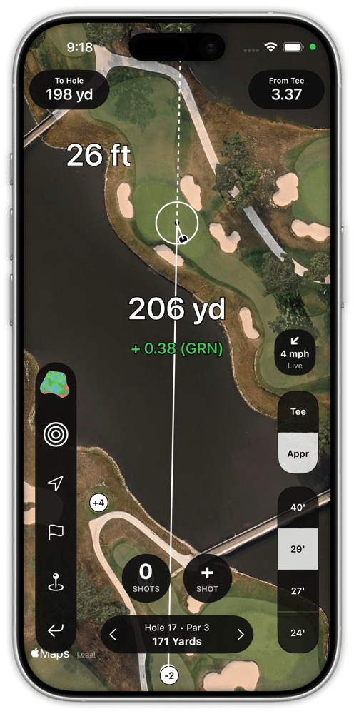 Shot Pattern approach circle dispersion overlay showing shot pattern radius around a golf green