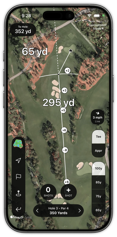 Shot Pattern golf GPS app showing tee shot dispersion arcs overlaid on a golf hole with yardage markers