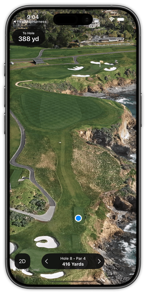 Shot Pattern phone showing 3D course preview at Pebble Beach