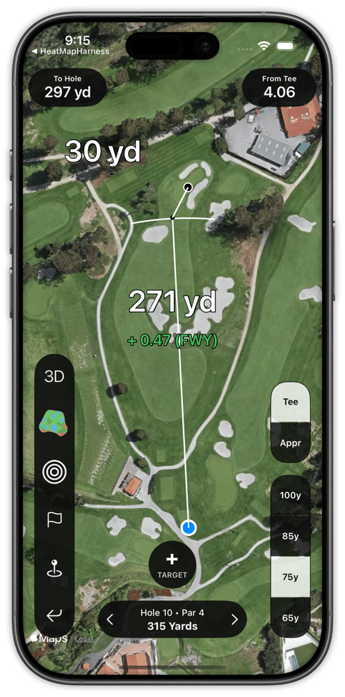 Shot Pattern live strokes gained showing a fairway shot gaining 0.47 strokes on Riviera Country Club hole 10