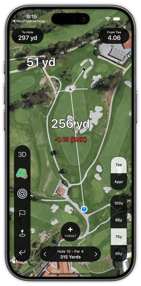 Shot Pattern live strokes gained showing a bunker shot losing 0.15 strokes on Riviera Country Club hole 10