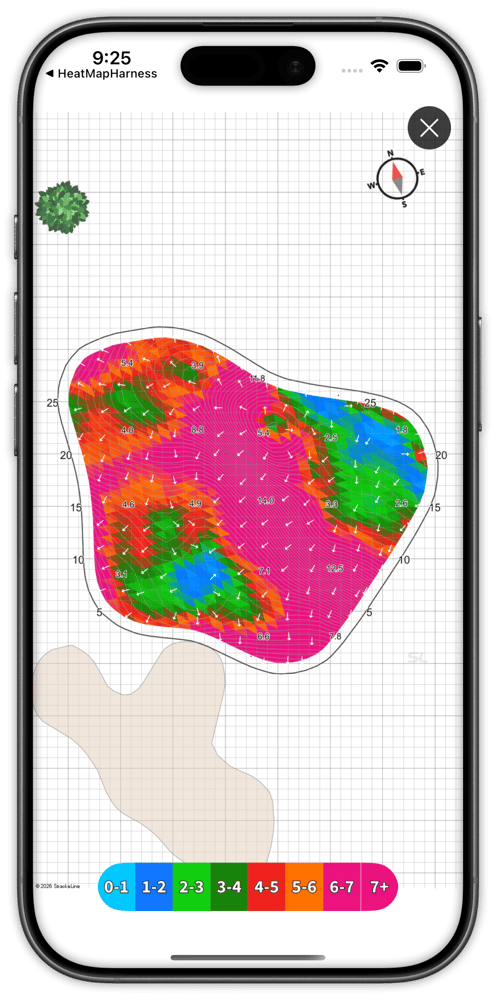 Shot Pattern screen showing Strackaline green maps on an iPhone 17 pro