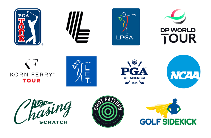 Publications and programs featuring Shot Pattern including PGA Tour, LPGA, DP World Tour, Korn Ferry Tour, PGA of America, NCAA, Golf Sidekick, and Chasing Scratch