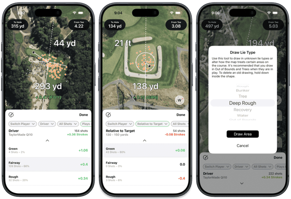 Shot Pattern's Strokes Gained Predictor on three iPhone screens showing club selection, target placement, and projected strokes gained for a par 4.