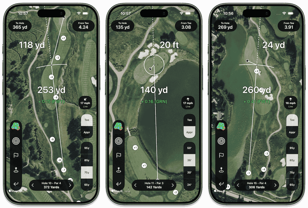 Three iPhone screens showing Shot Pattern golf GPS app in action on different holes, displaying shot dispersion arcs, live strokes gained values, yardage measurements, wind speed, and elevation markers overlaid on satellite course imagery