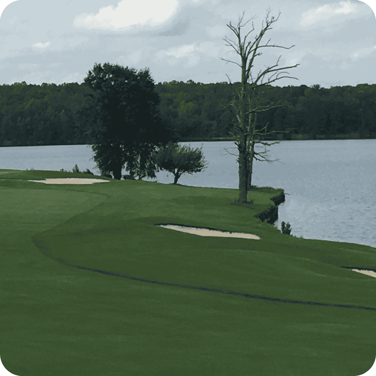 Golf hole with a narrow green surrounded by water on three sides, bunkers, and trees along the left side