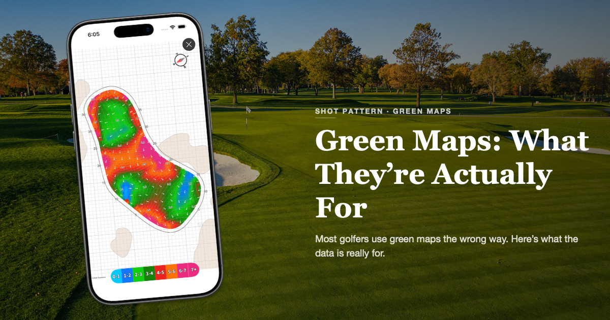 Shot Pattern app on iPhone showing a color-coded green map with slope arrows, held in front of a golf green.
