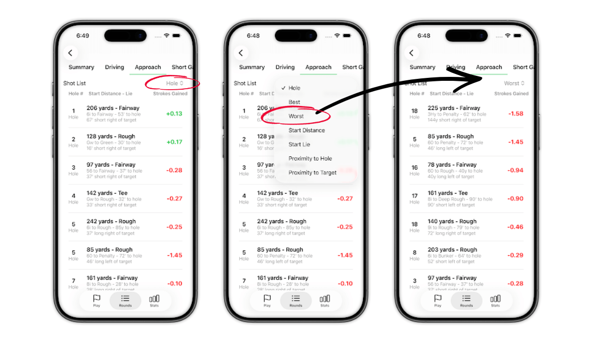 Shot Pattern app shot list for Hole 12 with a lie selection menu open, showing options including Tee, Fairway, Rough, Bunker, Green, Deep Rough, and Recovery