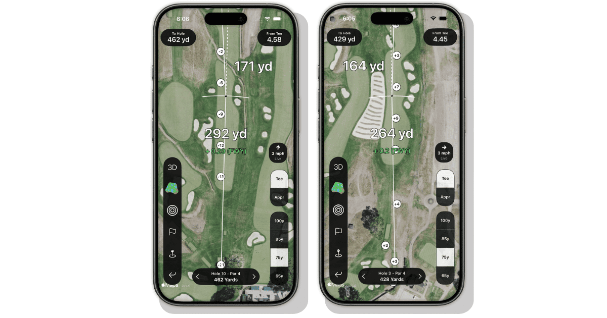Shot Pattern elevation markers showing downhill yardage adjustments on the left screen and uphill adjustments on the right, with values displayed between the fairway and the green on each hole