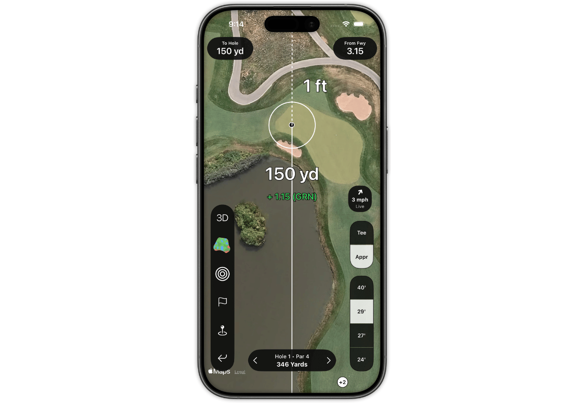 Shot Pattern golf GPS app showing approach shot dispersion and live strokes gained on a 150 yard par 4 hole over water