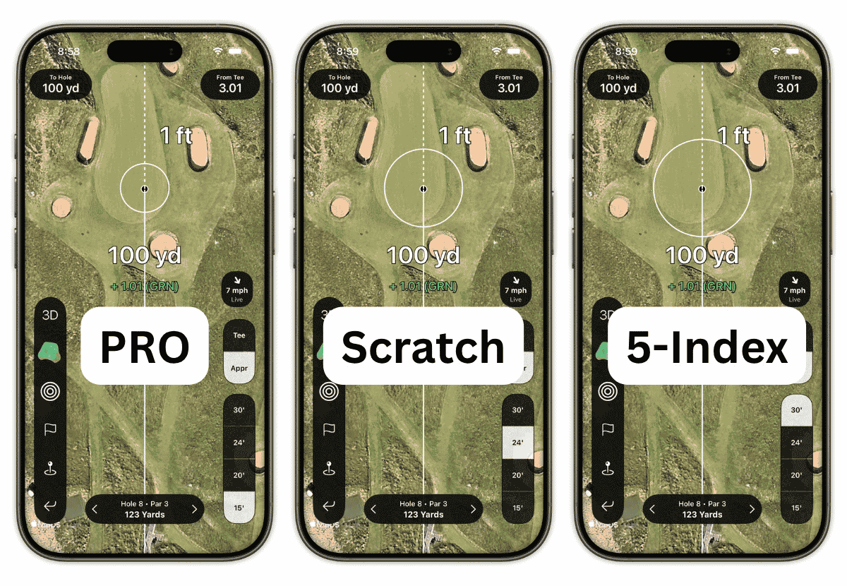 Shot Pattern golf GPS app screen showing live strokes gained data on a 100 yard par 3 approach shot, with PRO, Scratch, and 5 Index skill level labels