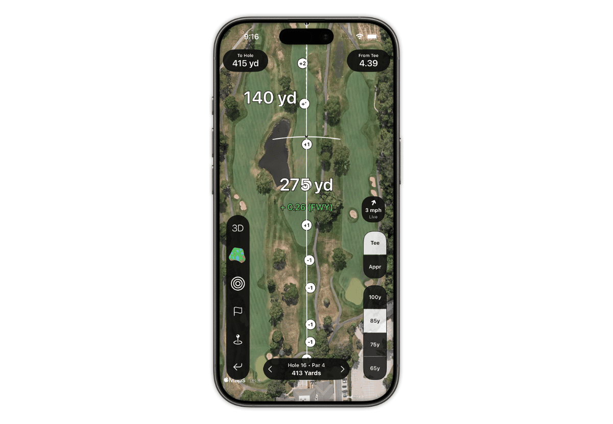 Shot Pattern golf GPS app in tee mode showing elevation markers down the fairway and live strokes gained on a 415 yard par 4 hole