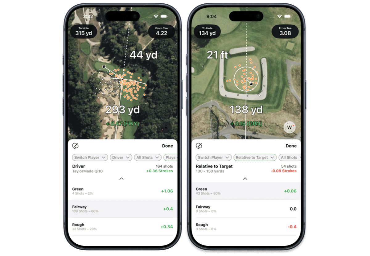 Shot Pattern app screenshots showing live strokes gained values and shot dispersion overlaid on a golf course, with expected strokes from tee and strokes gained at the aim point visible on screen.