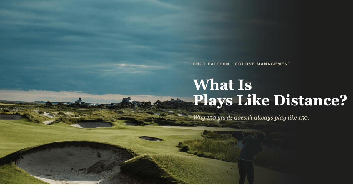 Golf course with dramatic sky and a golfer hitting an approach shot, with text overlay reading What Is Plays Like Distance and the subtitle Why 150 yards doesn't always play like 150