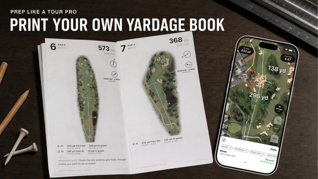 A printed Shot Pattern yardage book open to the course plan page beside an iPhone showing Course Preview