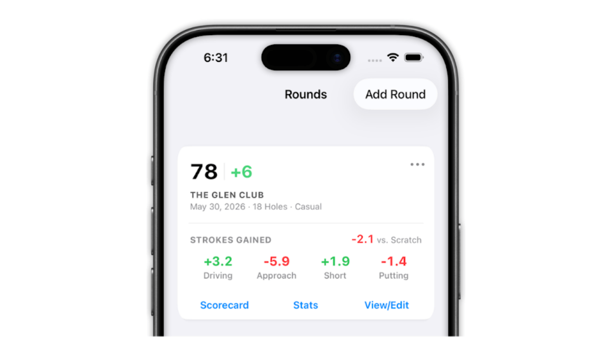 Strokes gained summary for an 18-hole round at The Glen Club, showing plus 3.2 driving, minus 5.9 approach, plus 1.9 short game, and minus 1.4 putting