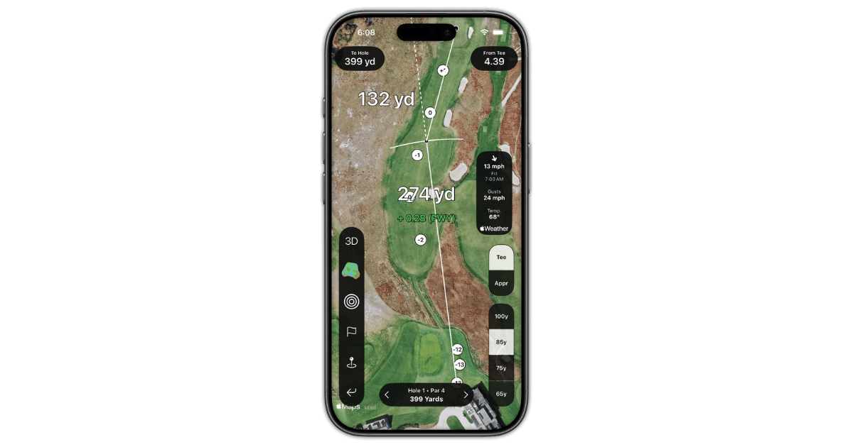 Shot Pattern wind meter displaying wind speed, gust speed, and temperature from the local forecast alongside elevation markers on a par four