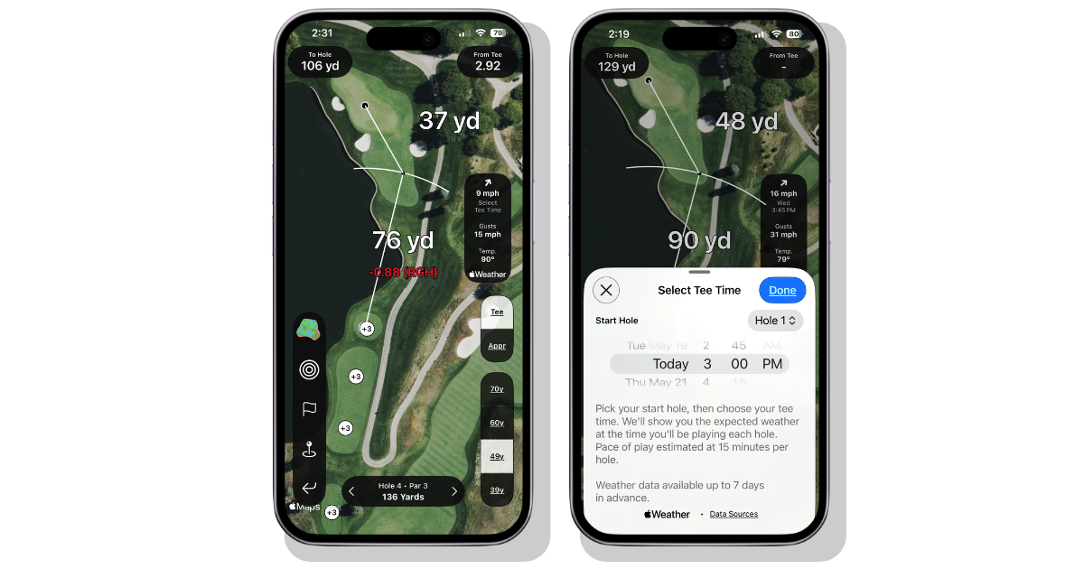 Shot Pattern golf app showing wind speed and gust data on a course hole, with the tee time selector open to set weather forecasts by start hole and tee time