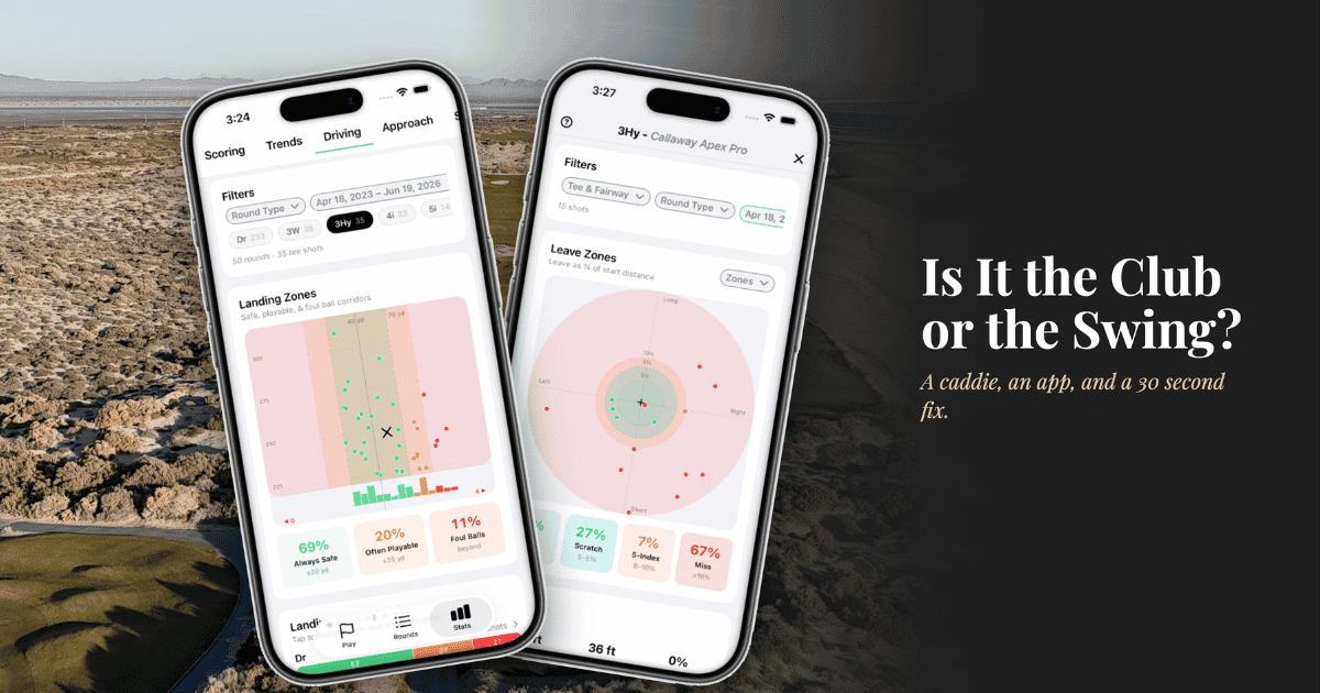 Two shot pattern phone screens in front of Brandon dunes golf course with text "is it the club or the swing"
