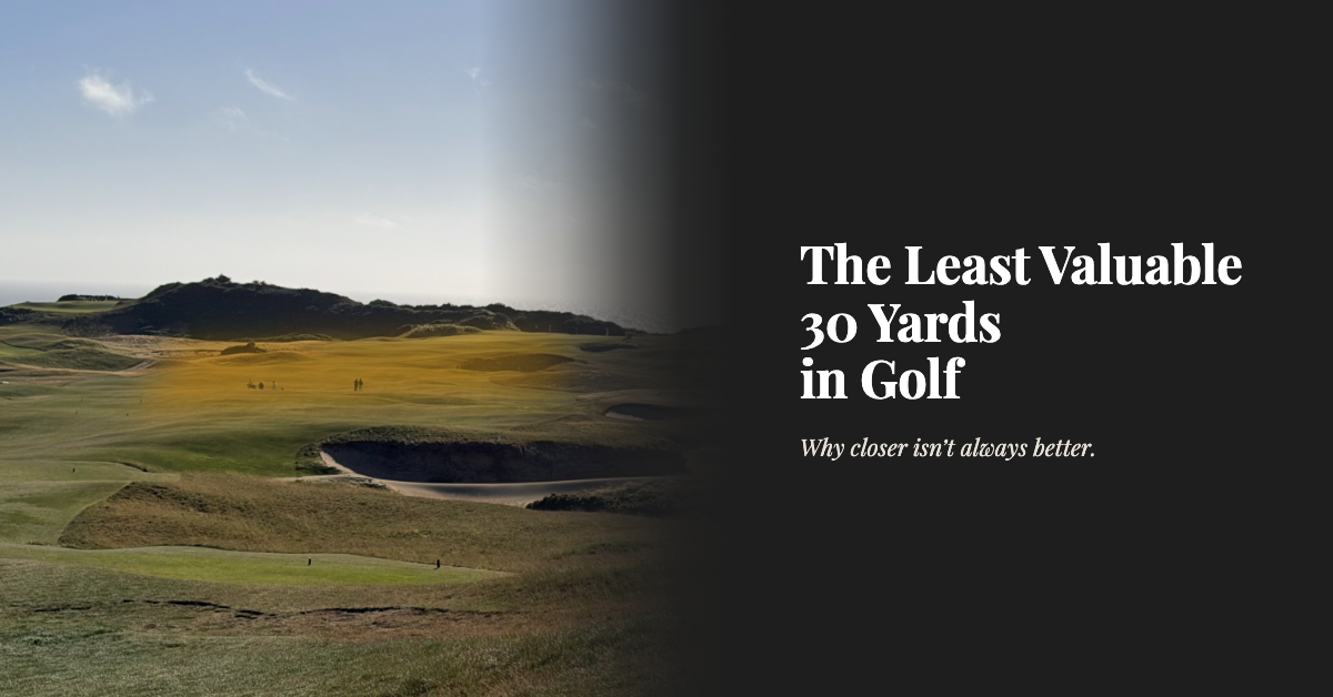 Links golf course viewed from the tee with a gold overlay highlighting a section of the fairway in the middle distance, with text overlay reading The Least Valuable 30 Yards in Golf and the subtitle Why closer isn't always better.