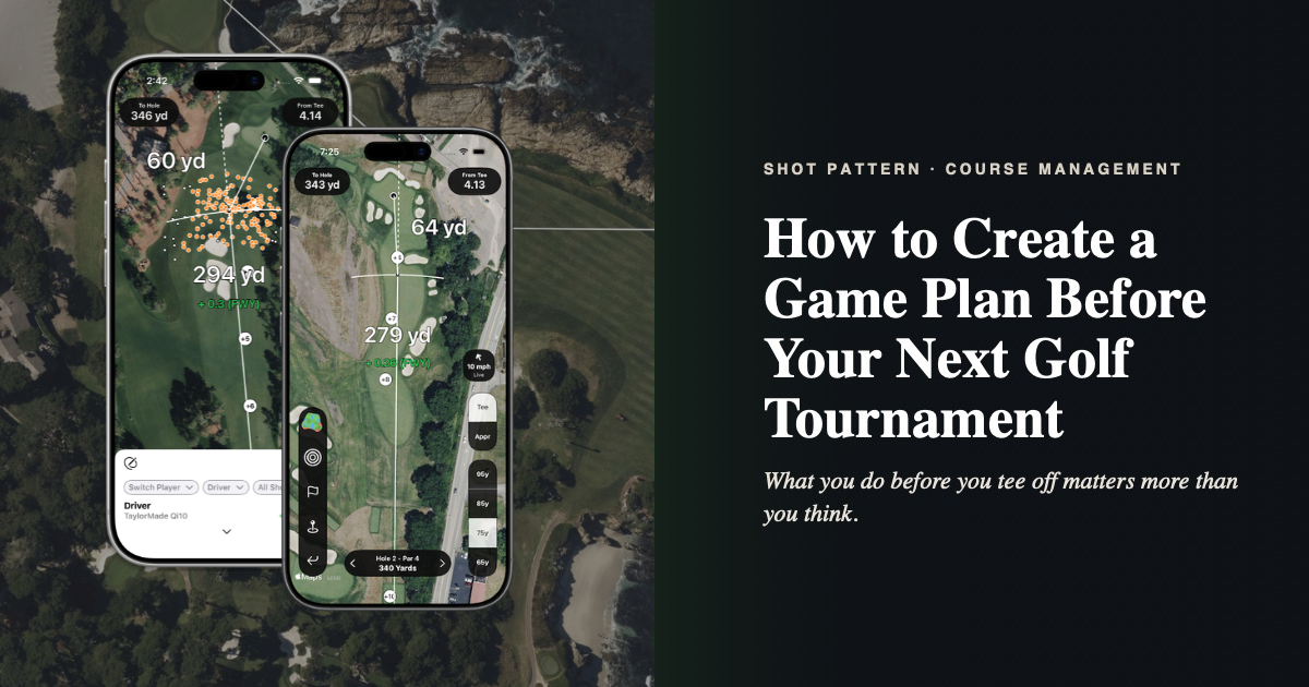 Shot Pattern app showing tournament game plan tools including tee shot dispersion overlay and course preview mode with wind speed, elevation data, and strokes gained values on an aerial golf course view
